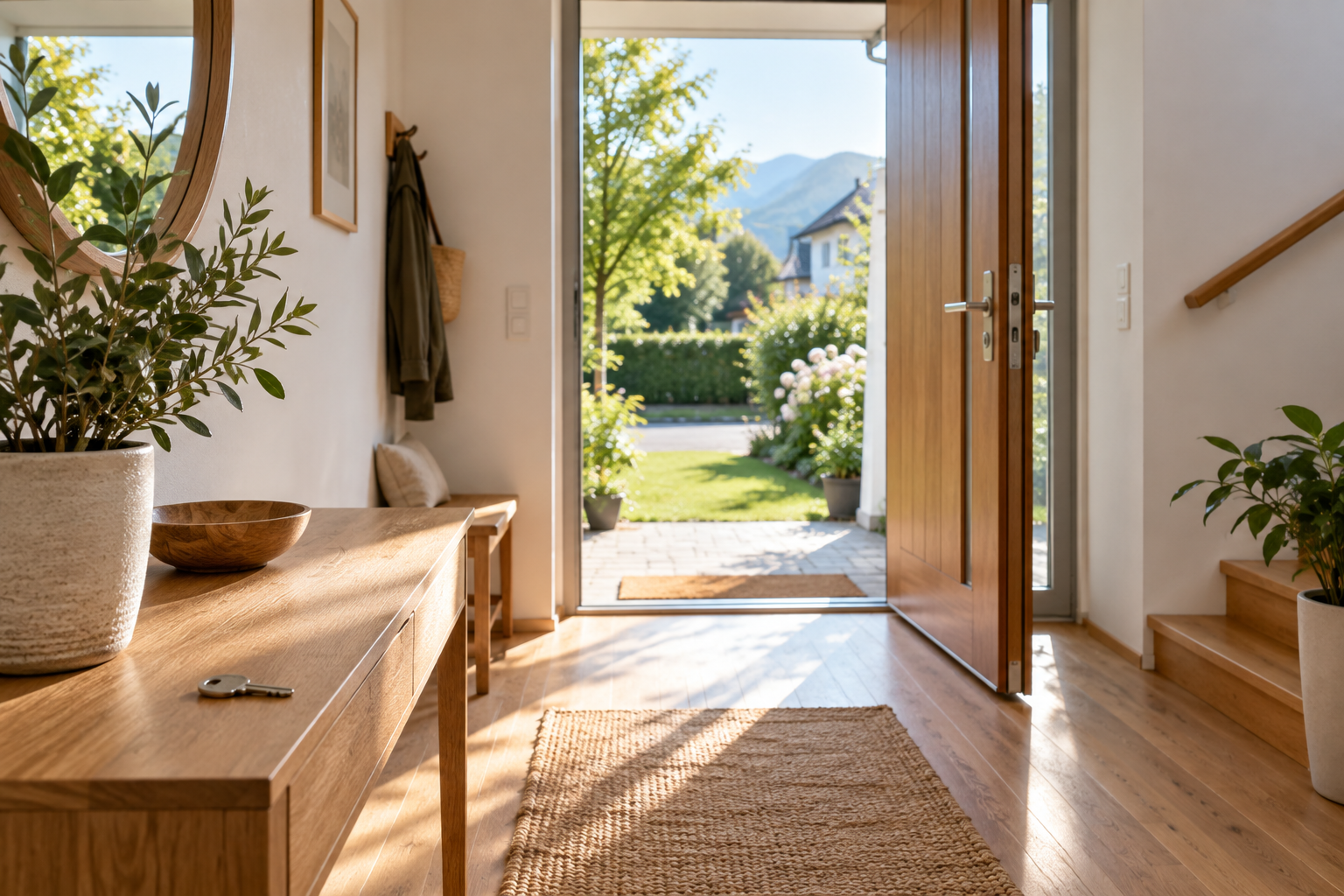 Heller Hauseingang mit offener Tür, Gartenblick und Hausschlüssel