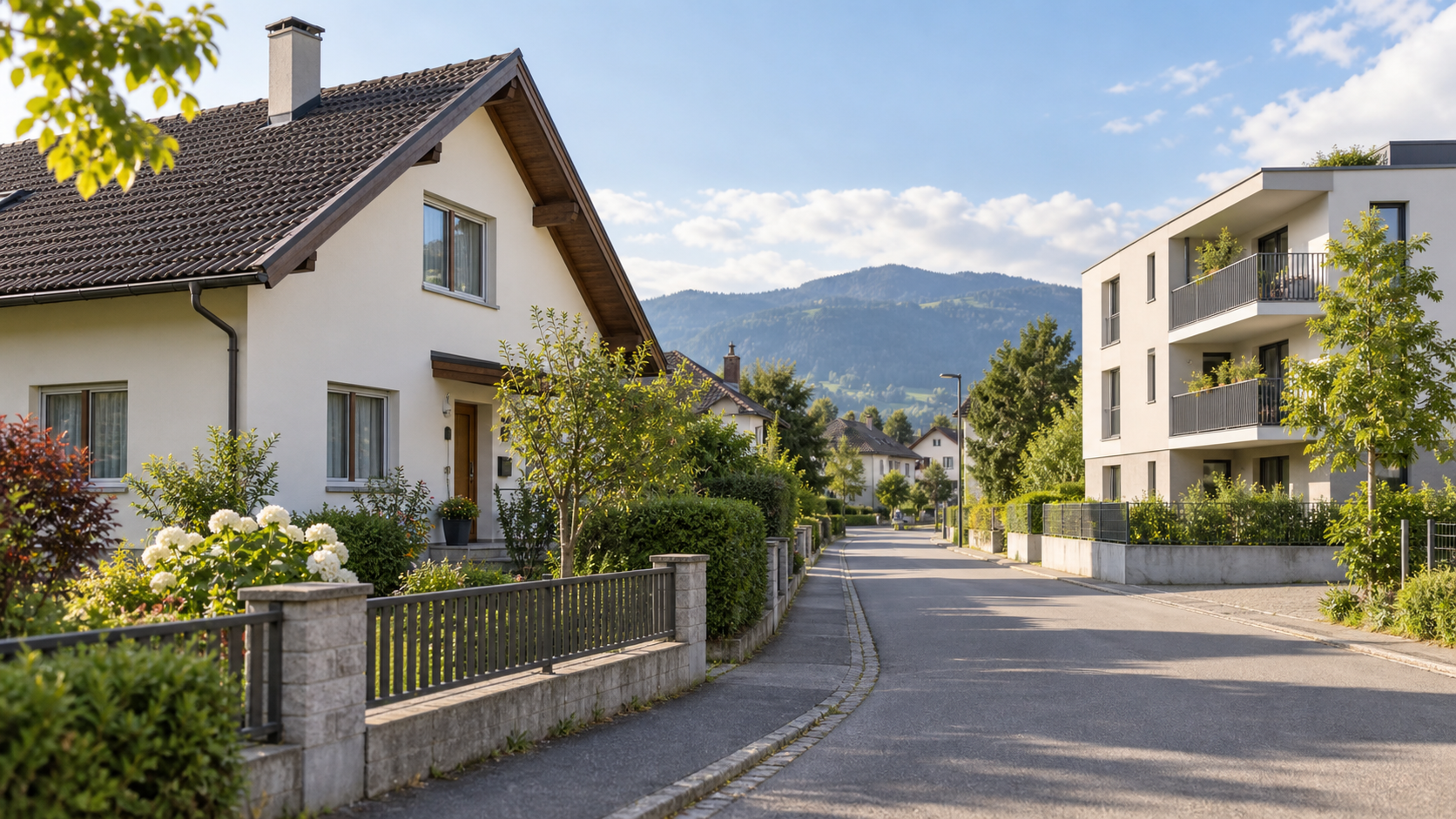 Österreichische Wohnstraße mit Einfamilienhaus und kleiner Wohnanlage